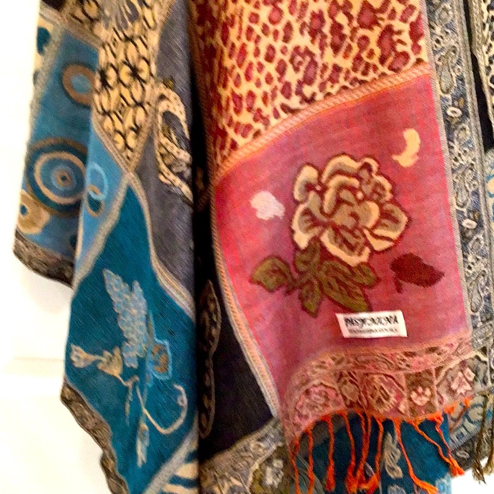 Silk & wool Pashmina scarf, butterfly paisley cheetah hearts floral